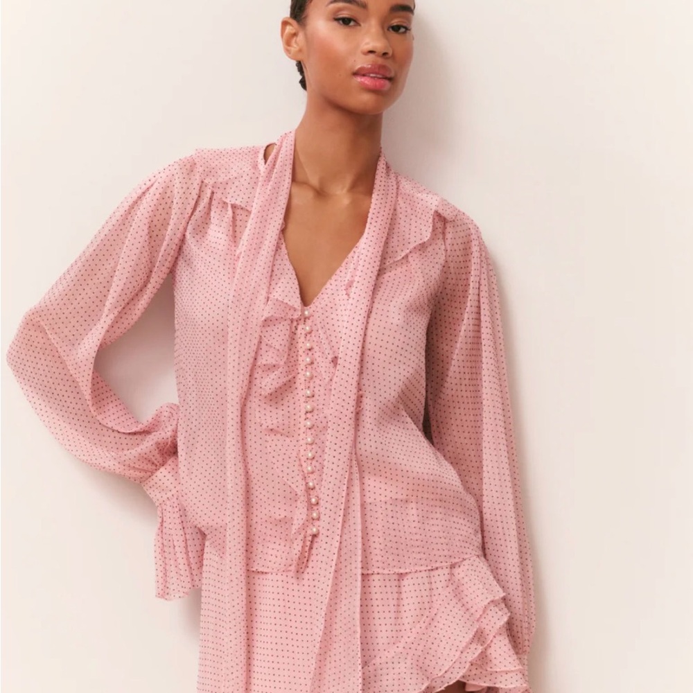 LoveShackFancy Pink Polka Dot Ruffle Tie-Neck Blouse